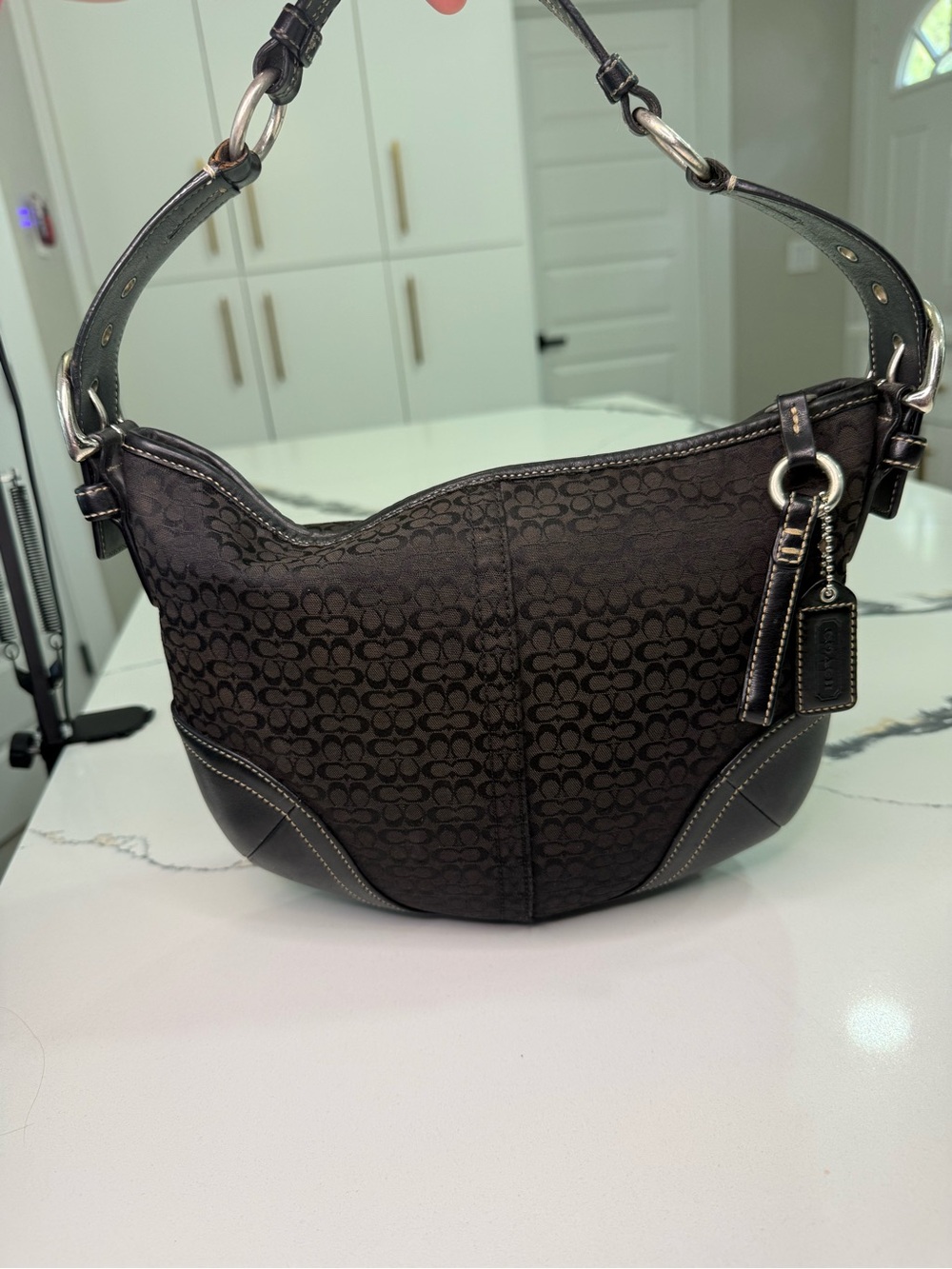 Coach Signature Hobo Shoulder Bag Black Silver Hardware Zip Charm Medium